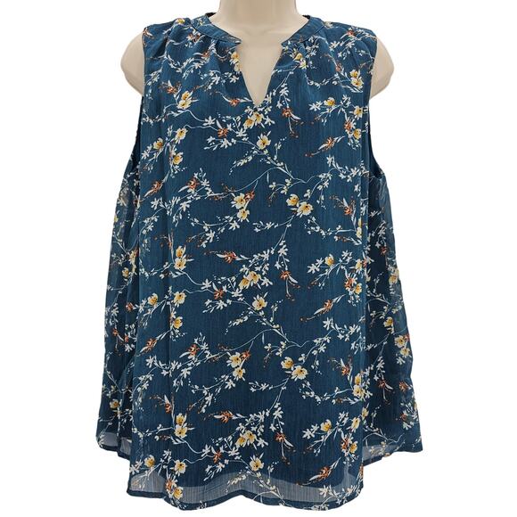 Papermoon Womans size L Sleeveless Floral Tank Top Blouse Teal Popover Lined NEW - Picture 1 of 8